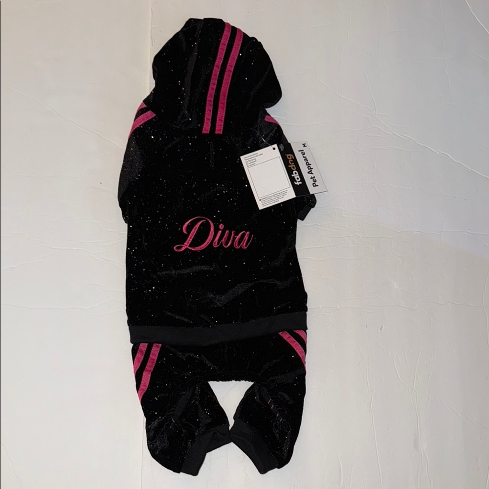 NWT Fab Dog Black and Pink Dog Glitter Velour Hoodie Tracksuit ‘Diva' Print M